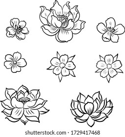 Free hand Sakura flower vector set, Beautiful line art Peach blossom isolate on white background.Branch of cherry blossom for painting on wallpaper or tattoo idea on background.