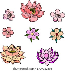 Free hand Sakura flower vector set, Beautiful line art Peach blossom isolate on white background.Branch of cherry blossom for painting on wallpaper or tattoo idea on background.