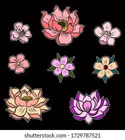 Free hand Sakura flower vector set, Beautiful line art Peach blossom isolate on white background.Branch of cherry blossom for painting on wallpaper or tattoo idea on background.