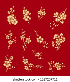 Free hand Sakura flower vector set,Beautiful line art Peach blossom isolate on white background.