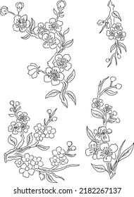 Free hand Sakura flower vector set, Beautiful line art Peach blossom isolate on white background.Branch of cherry blossom for printing on wallpapers and sticker.Japanese flower.Golden line art.