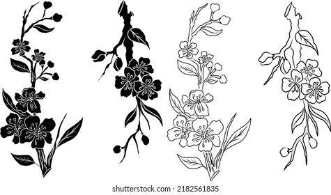 Free hand Sakura flower vector set, Beautiful line art Peach blossom isolate on white background.Branch of cherry blossom for printing on wallpapers and sticker.Japanese flower.Golden line art.