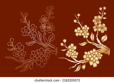 Free hand Sakura flower vector set, Beautiful line art Peach blossom isolate on white background.Branch of cherry blossom for printing on wallpapers and sticker.Japanese flower.Golden line art.