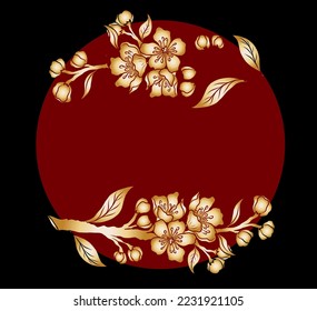 Free hand Sakura flower vector set, Beautiful line art Peach blossom isolate on white background.Branch of cherry blossom for printing on wallpapers and sticker.Japanese flower.Golden line art.
