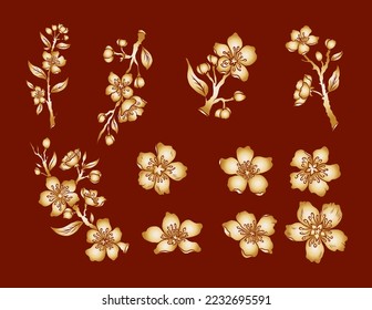 Free hand Sakura flower vector set, Beautiful line art Peach blossom isolate on white background.Branch of cherry blossom for printing on wallpapers and sticker.Japanese flower.Golden line art.