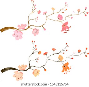 Free hand Sakura vector set, Beautiful line art Peach blossom isolate on white background.Branch of cherry blossom for painting on wallpaper or tattoo idea on background.floral for print book cover.