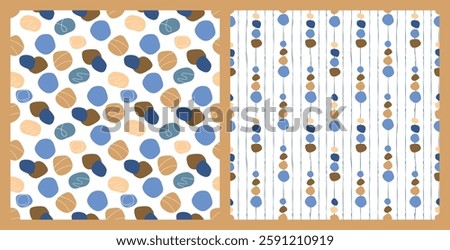 Free hand  shapes set of seamless patterns. Round spots with lines. Brown,blue and beige colors on white background. Abstract print on fabric and paper. Vector design for textile, cover, wallpaper.