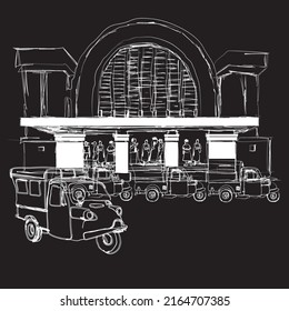 Free hand sketch of jakarta public transportation and jakarta kota train station. vector illustration