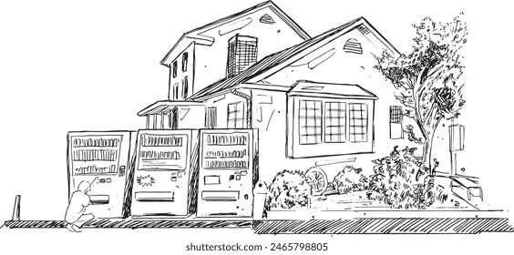 Free hand sketch Japanese house. Line art. Asian architecture. Vector landscape. Ink sketch of the street. illustration for book, emblem or print