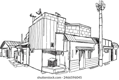 Free hand sketch Japanese house. Line art. Asian architecture. Vector landsape. Ink sketch of street. illustration for book. emblem or print