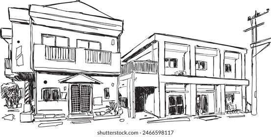 Free hand sketch Japanese house. Line art. Asian architecture. Vector landscape. Ink sketch of street. illustration for book. emblem or print