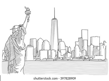Free hand sketch New York City Skyline and Statue Liberty  Vector Drawing