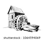 Free hand sketch of old stone traditional rural watermill. Hand drawn sketch illustration in vector isolated on white background.

