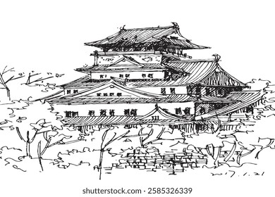 Free hand sketch World famous : Kumamoto castle Japan.
