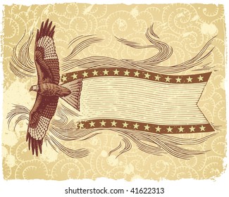 free hand style illustration: flying eagle with empty space banner on free hand strokes wind flow pattern background