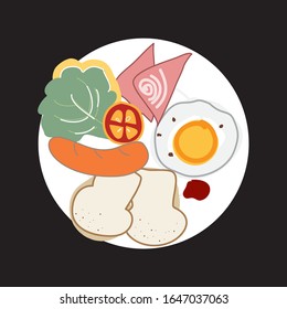 Free hand vecter,Breakfast sausage, ham, tomato, fried egg, vegetables in a white dish.