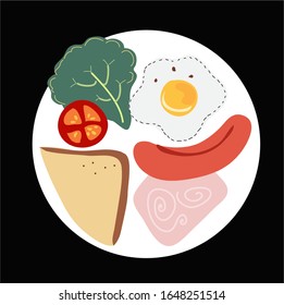 Free hand vector, Breakfast sausage, ham, tomato, fried egg, vegetables in a white dish.