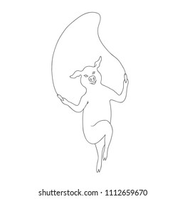 Free Hand Vector Illustration of Happy Cartoon Pig Exercising Training Doing Workout on Jumping Rope. Cute Funny Character. Coloring Page. Adults Sport Illustration for Motivation