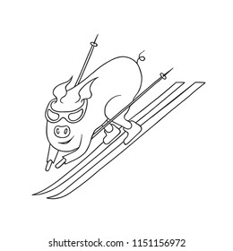Free Hand Vector Illustration of Happy Cartoon Pig Sliding Down a Slope. Slalom Skiing Racing. Cute Kawaii Funny Character. Coloring Page. Adults Sport Illustration for Motivation