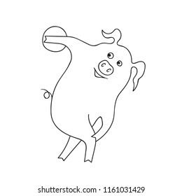 Free Hand Vector Illustration of Happy Cartoon Pig as The Discobolus. Cute Kawaii Funny Character. Coloring Page. Adults Sport Illustration for Motivation