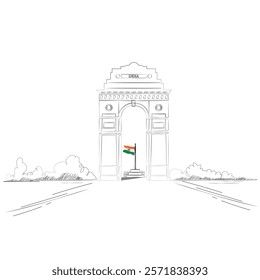 Free hand vector illustration of India Gate in Delhi, black and white line art