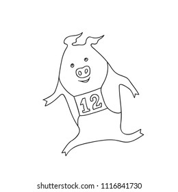 Free Hand Vector Illustration of Little Cartoon Pig Exercising Training Doing Workout Jogging at Marathon. Cute Kawaii Funny Character. Coloring Page. Kids Sport Illustration for Motivation