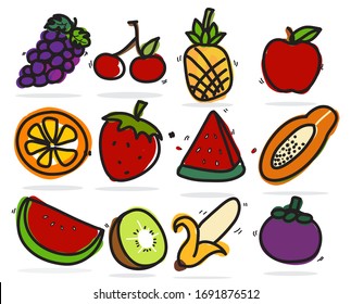 Free hand vector,Grape, cherry, apple, orange, strawberry, watermelon, papaya, kiwi, banana, mangosteen,pineapple on white background.