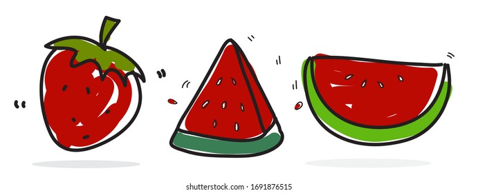 Vector de mano libre, fresa, sandía sobre fondo blanco.