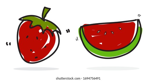 Free hand vetor,Cute strawberry, watermelon on white background.