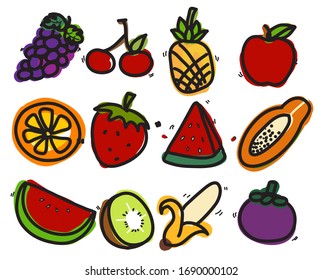 Free hand vetor,Grape, cherry, apple, orange, strawberry, watermelon, papaya, kiwi, banana, mangosteen,pineapple on white background.