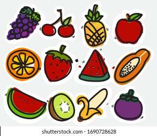 Free hand vetor,Grape, cherry, apple, orange, strawberry, watermelon, papaya, kiwi, banana, mangosteen,pineapple on white background.