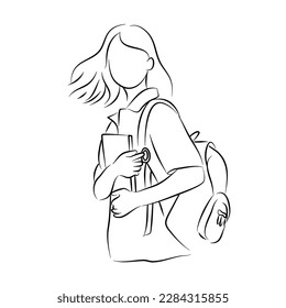 Free Hand-Drawn Doodle of a Young Woman Traveller or Student Sitting on a Chair and Carrying a Backpack, Holding a Book and Notebook, in Outline Style Sketching