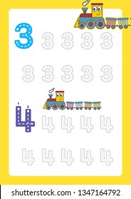 Free handwriting pages for writing numbers Learning numbers, Numbers tracing worksheet for kindergarten vector with train cartoon train clipart
