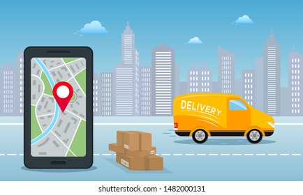 Free home delivery service by van. Smartphone with mobile app for online delivery tracking and yellow car with stack of parcel boxes on city road background. Flat style vector illustration. 
