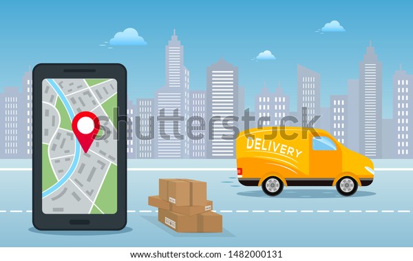 Free\
home delivery service by van. Smartphone with mobile app for online\
delivery tracking and yellow car with stack of parcel boxes on city\
road background. Flat style vector illustration.\
\
