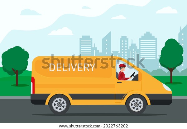 Free home delivery service by van. Yellow car with\
stack of parcel boxes on city road background. Flat style vector\
illustration. EPS 10