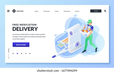 Free home delivery service of drugs, prescription medicines. Courier carry box with pills, medical bottles. Vector 3d isometric illustration. Online pharmacy, drugstore banner, poster design template.