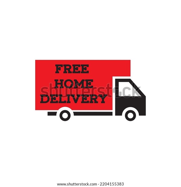 Free home delivery\
sticker. Vector icon of a flat red cargo truck, online store icon,\
promo sticker 