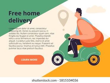 Free Home Delivery web page template with deliveryman on scooter with large bag and copyspace for text, colored vector illustration