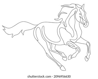 The free horse is running. Drawing in lines.Vector.Horse with a mane. Free running.
