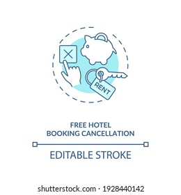 Free hotel booking cancellation concept icon. Travel during covid pandemic idea thin line illustration. Quarantine measures. Business travel. Vector isolated outline RGB color drawing. Editable stroke