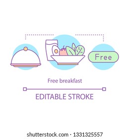 Free hotel breakfast concept icon. Continental breakfast, beverage, serving tray with lid. In room dining. Hotel amenity idea thin line illustration. Vector isolated outline drawing. Editable stroke