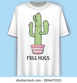 Free Hugs. Cactus Cartoon Character. T-Shirt Design.Vector illustration.
