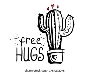 Free hugs. Cactus Love silhouette. Vector hand drawn Printable Cactus in pot with Red Love heart illustration isolated on white