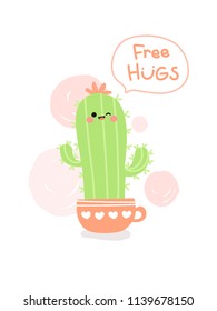 Free hugs from cute cactus. Happy cactus in pink tea cup isolated on balloon with white background. Summer and Mexican symbol. Vector illustration.