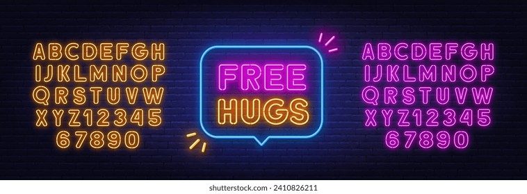 Free Hugs neon sign in the speech bubble on brick wall background.