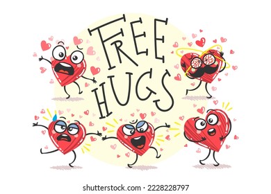 Abrazos gratis. Conjunto de caracteres del corazón feliz en diferentes poses con comillas. Dibujos románticos de estilo plano estilo San Valentín para expresar sentimientos de amor