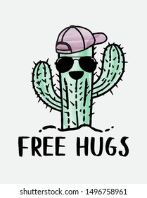 free hugs slogan with hand drawn cute cactus for fashion print and other uses