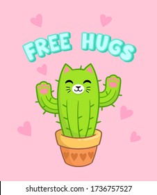 Free Hugs text. Cartoon cactus cat on pink background. Vector illustration