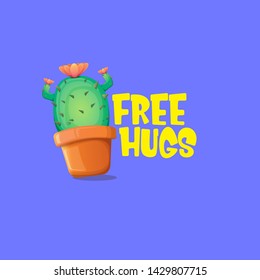 Free hugs text and cartoon green cactus in pot isolated on violet background. funny houseplant icon with quote or slogan for print on tee. International free hugs day concept